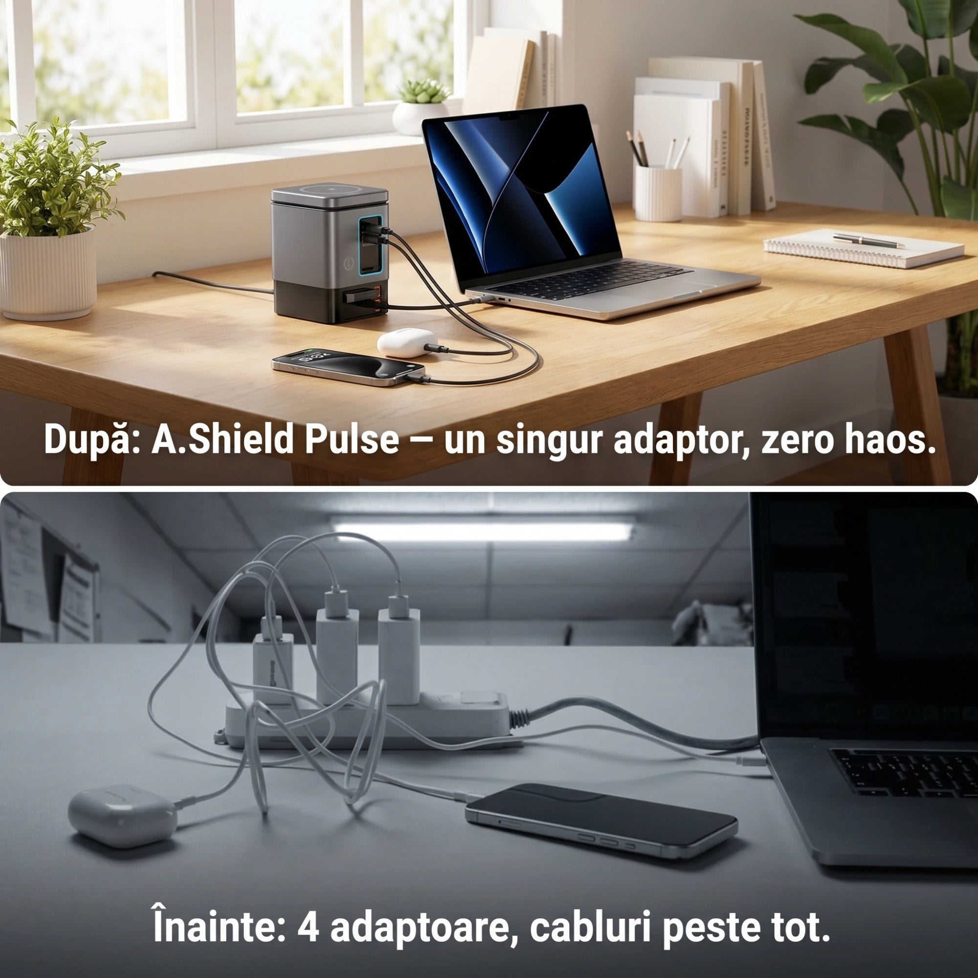 Stație de Încărcare 6-în-1 GaN2 Pro 105W cu Wireless 15W și Cabluri Retractabile – A.Shield Pulse