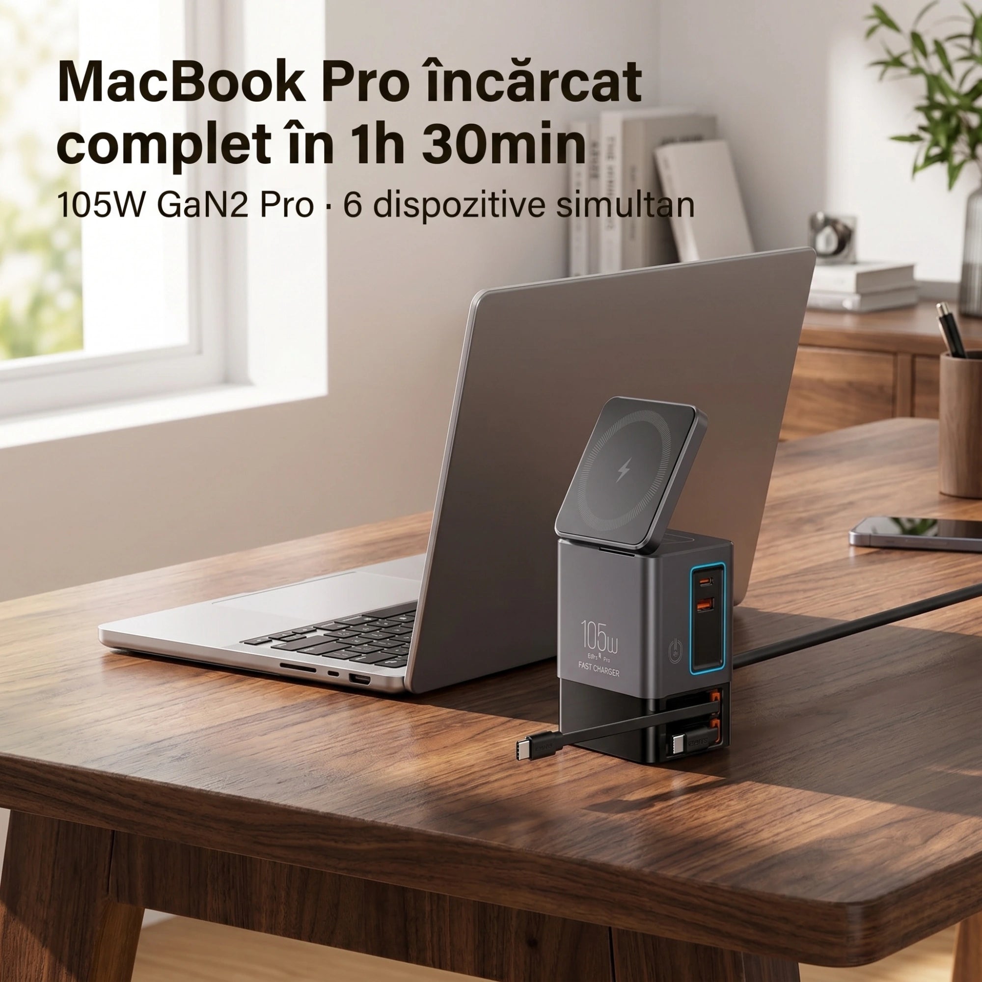 Stație de Încărcare 6-în-1 GaN2 Pro 105W cu Wireless 15W și Cabluri Retractabile – A.Shield Pulse