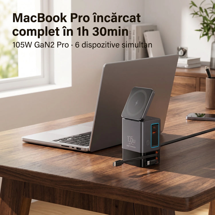 Stație de Încărcare 6-în-1 GaN2 Pro 105W cu Wireless 15W și Cabluri Retractabile – A.Shield Pulse
