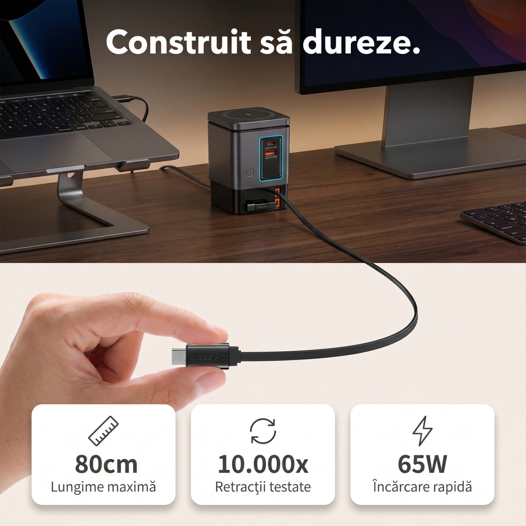 Stație de Încărcare 6-în-1 GaN2 Pro 105W cu Wireless 15W și Cabluri Retractabile – A.Shield Pulse