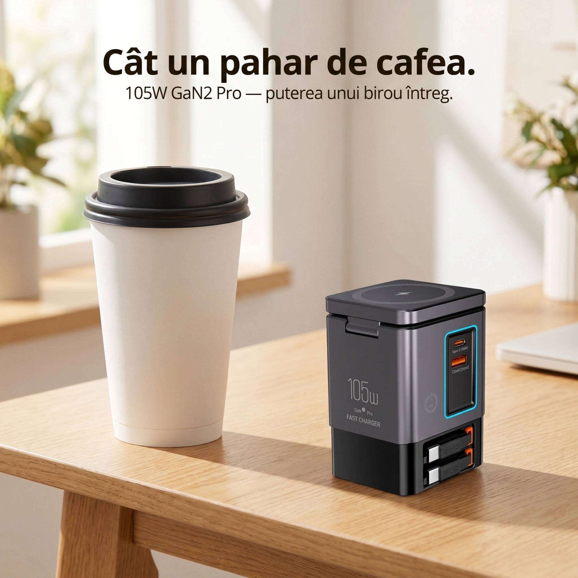 Stație de Încărcare 6-în-1 GaN2 Pro 105W cu Wireless 15W și Cabluri Retractabile – A.Shield Pulse
