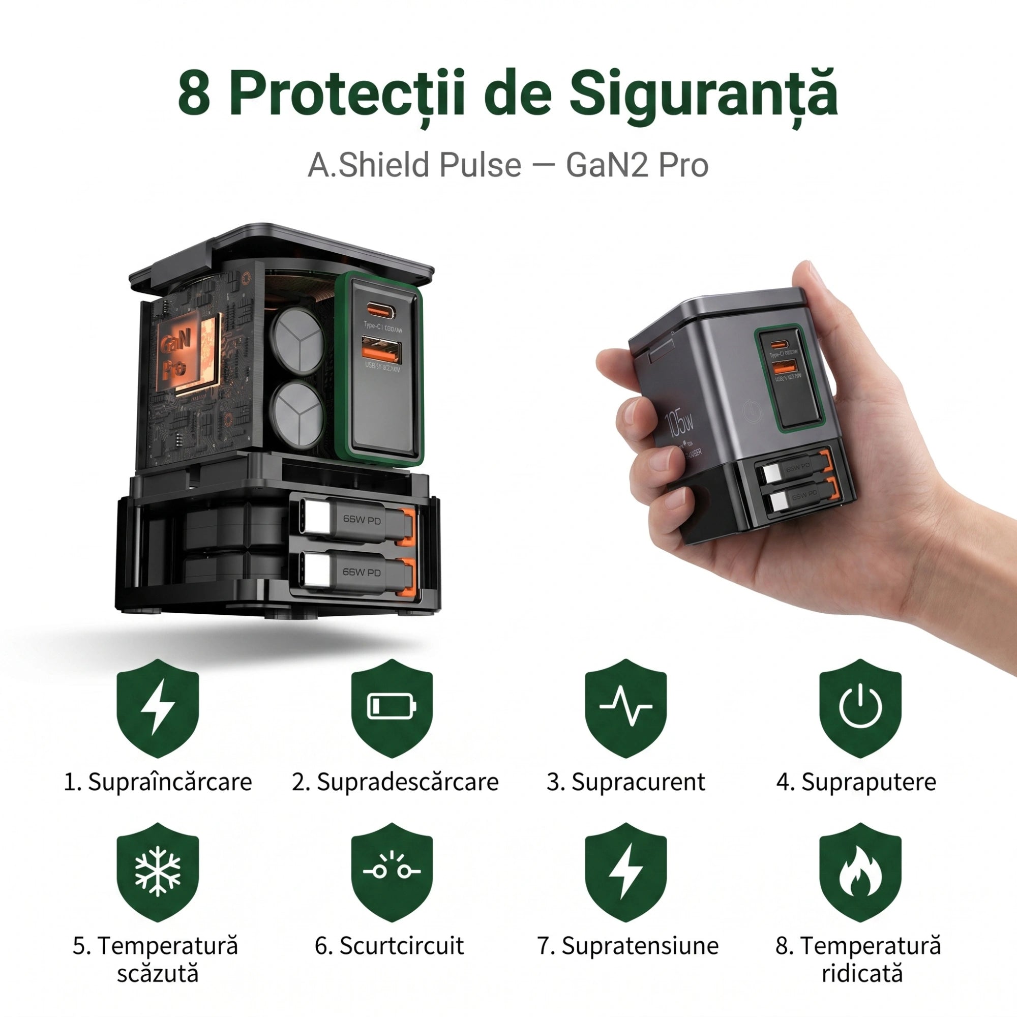 Stație de Încărcare 6-în-1 GaN2 Pro 105W cu Wireless 15W și Cabluri Retractabile – A.Shield Pulse
