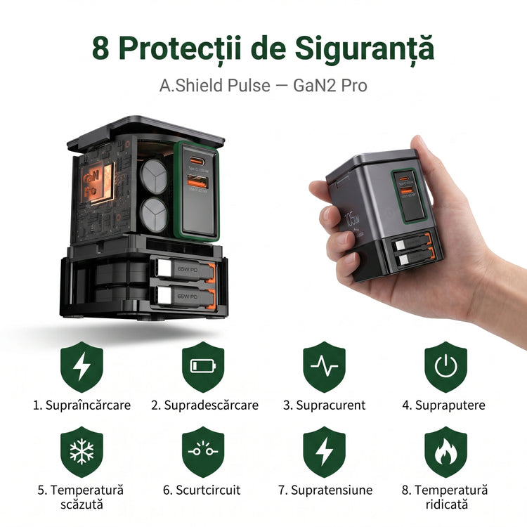 Stație de Încărcare 6-în-1 GaN2 Pro 105W cu Wireless 15W și Cabluri Retractabile – A.Shield Pulse