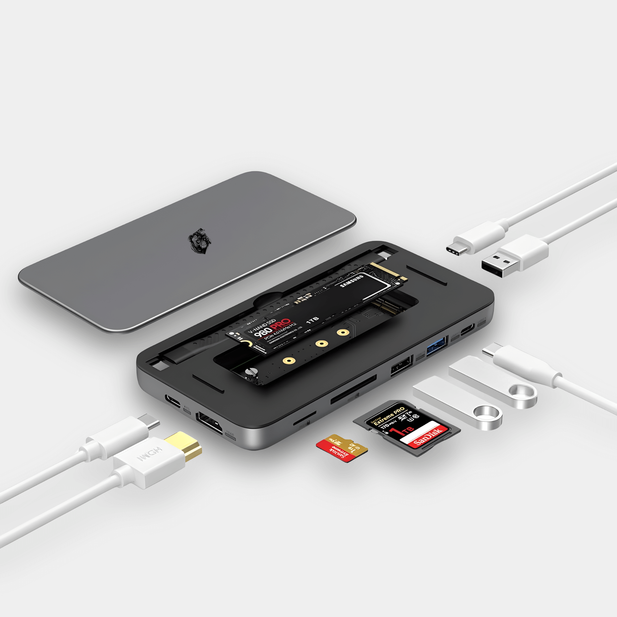 Dock USB-C 9-în-1 A.Shield One cu Slot SSD M.2 NVMe – HDMI 4K@60Hz, 100W PD, USB-C & USB-A