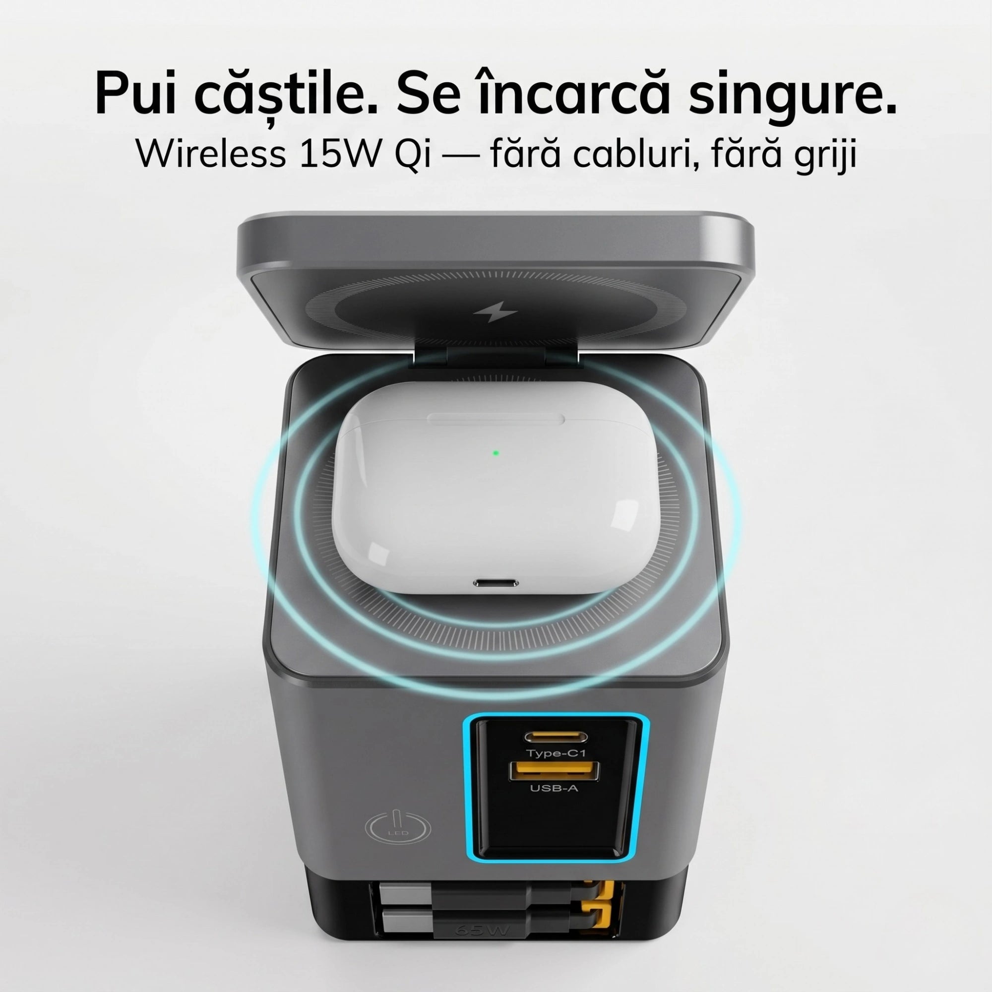Stație de Încărcare 6-în-1 GaN2 Pro 105W cu Wireless 15W și Cabluri Retractabile – A.Shield Pulse