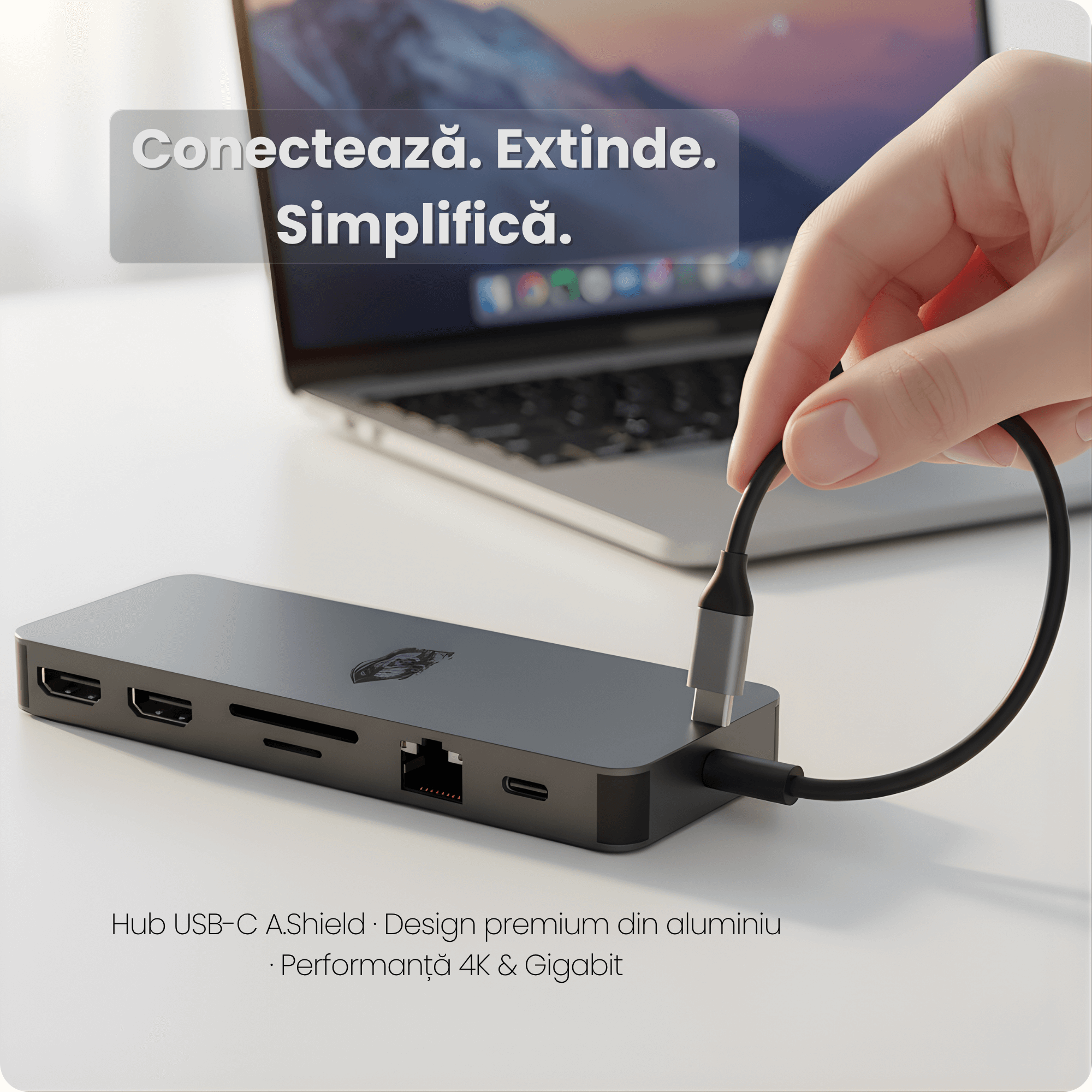 Hub USB-C 13-în-1 A.Shield Link – 4K HDMI, PD 100W, Ethernet Gigabit, Aluminiu Premium
