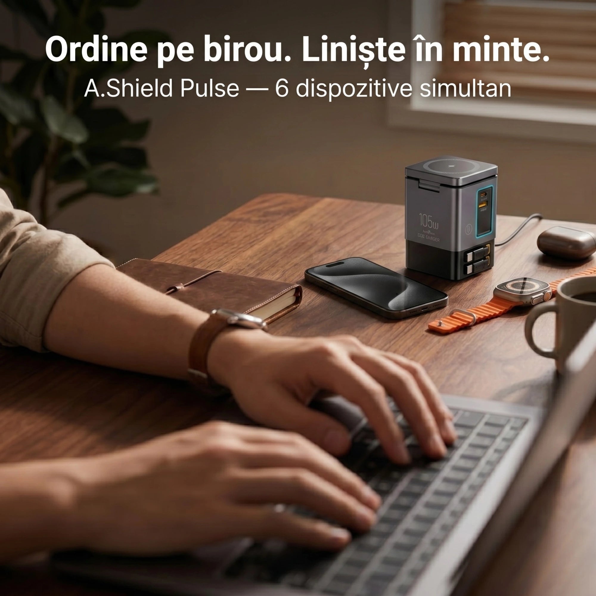 Stație de Încărcare 6-în-1 GaN2 Pro 105W cu Wireless 15W și Cabluri Retractabile – A.Shield Pulse