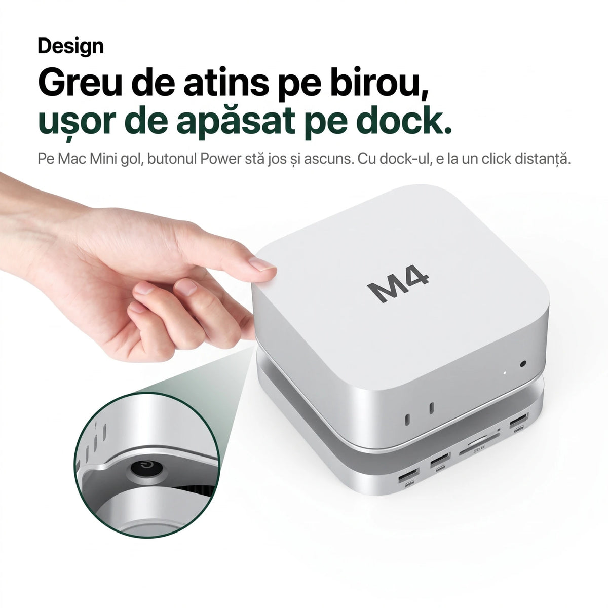 Dock/Hub USB-C A.Shield pentru Mac Mini M4/M4 Pro – aluminiu, slot SSD NVMe până la 8TB, HDMI 4K, USB 10Gbps, SD/TF