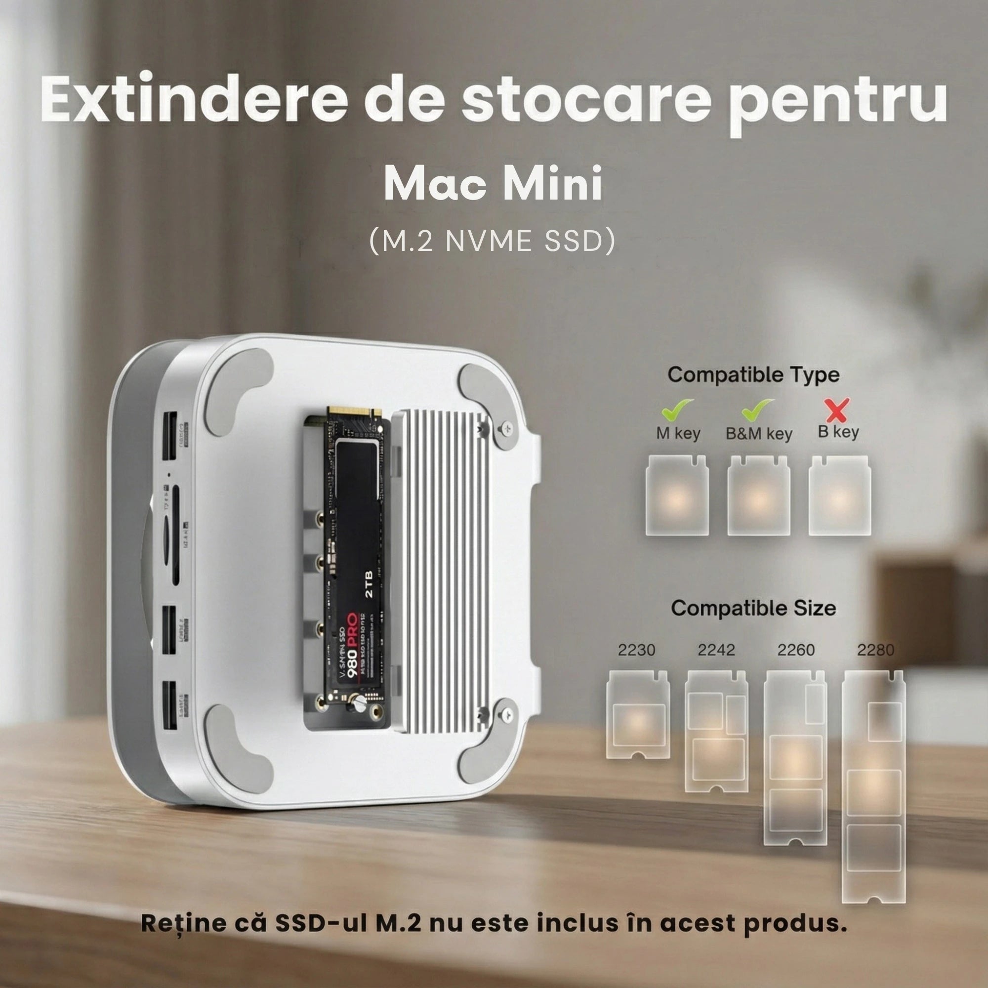 Dock/Hub USB-C A.Shield pentru Mac Mini M4/M4 Pro – aluminiu, slot SSD NVMe până la 8TB, HDMI 4K, USB 10Gbps, SD/TF