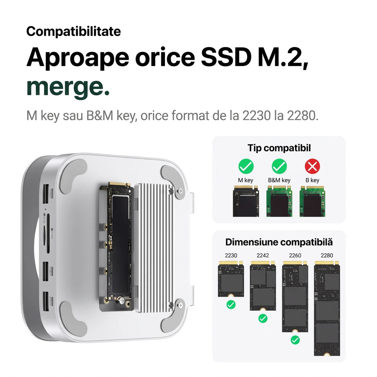 Dock/Hub USB-C A.Shield pentru Mac Mini M4/M4 Pro – aluminiu, slot SSD NVMe până la 8TB, HDMI 4K, USB 10Gbps, SD/TF