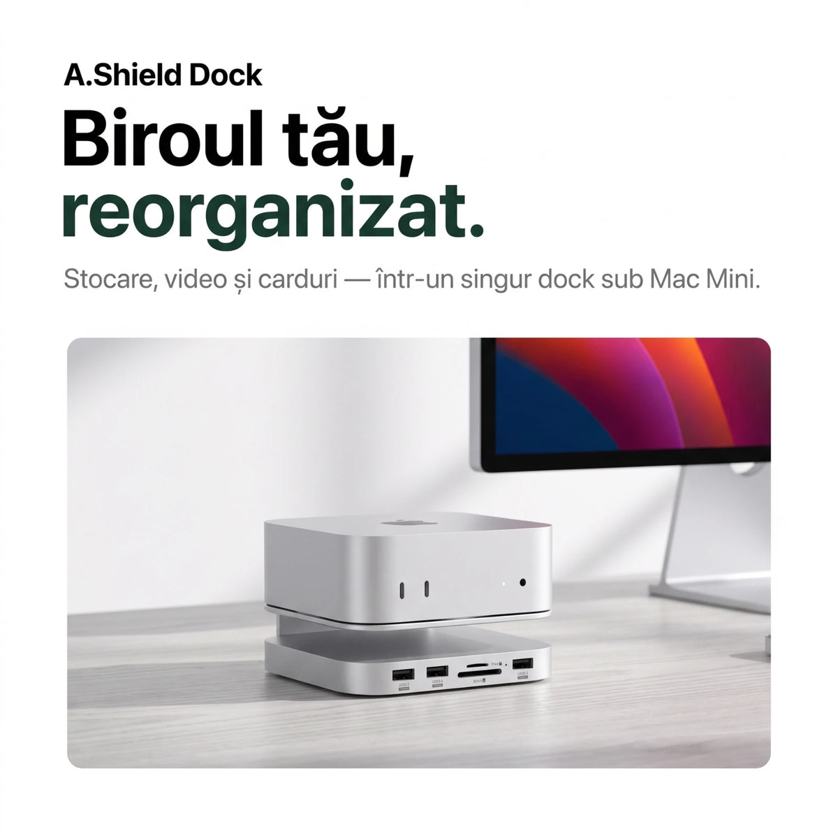 Dock/Hub USB-C A.Shield pentru Mac Mini M4/M4 Pro – aluminiu, slot SSD NVMe până la 8TB, HDMI 4K, USB 10Gbps, SD/TF