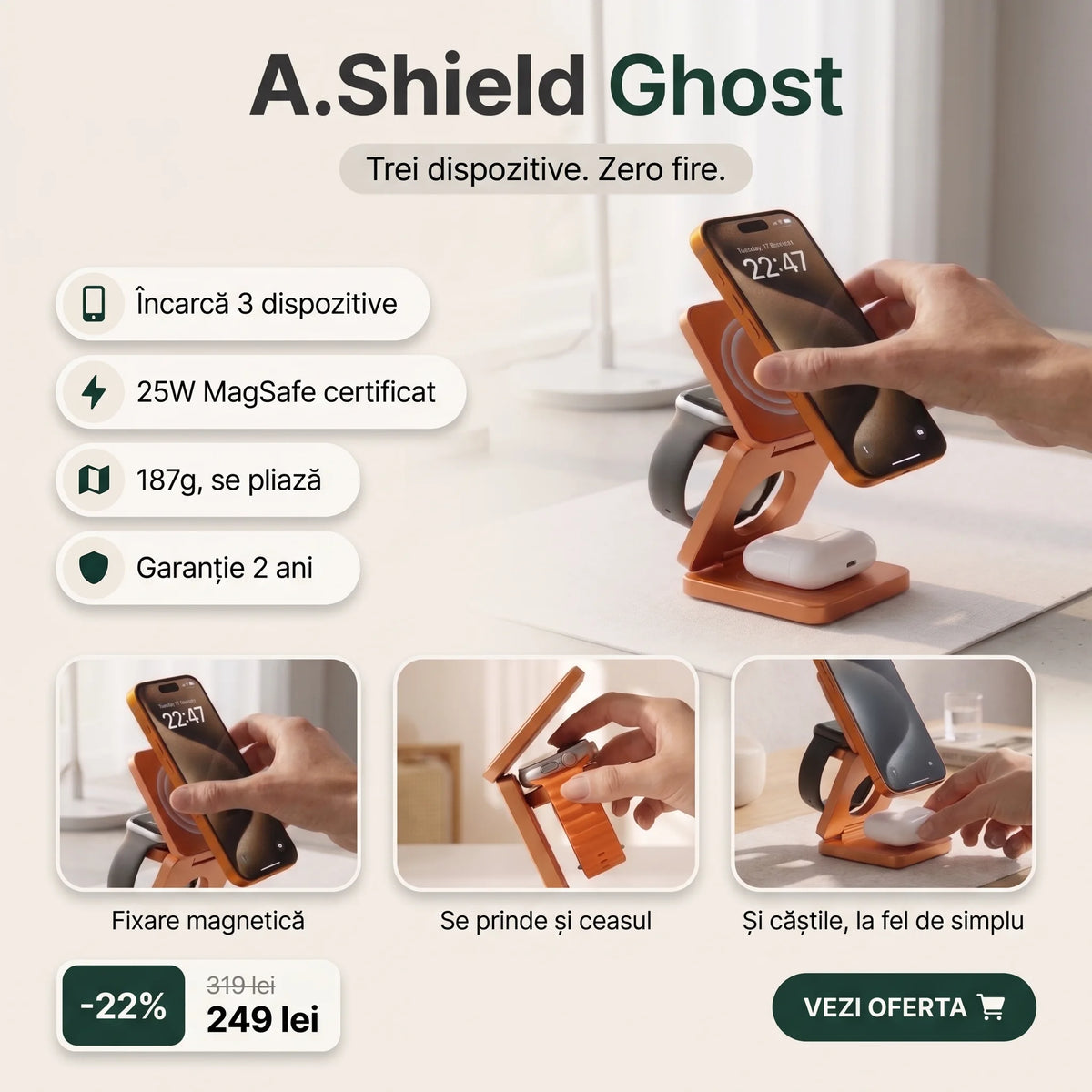Încărcător Wireless 3-în-1 MagSafe 25W | iPhone, Apple Watch, AirPods — A.Shield Ghost