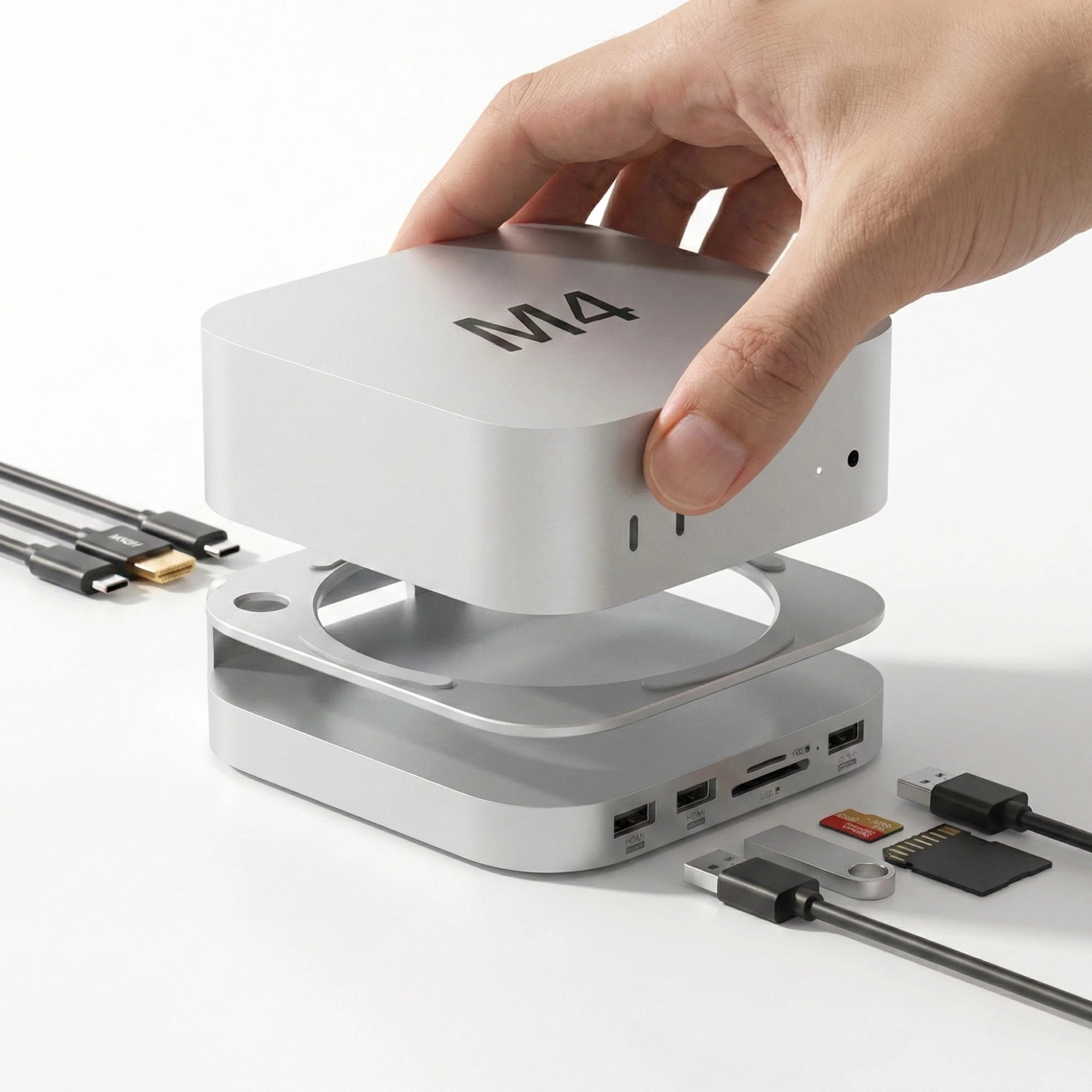 Dock/Hub USB-C A.Shield pentru Mac Mini M4/M4 Pro – aluminiu, slot SSD NVMe până la 8TB, HDMI 4K, USB 10Gbps, SD/TF